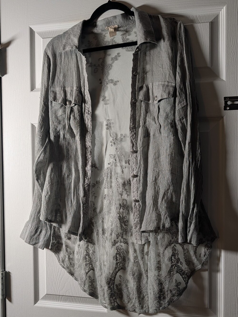 Boho Gray Green Embroidered Gauze Button Front Tunic Duster High Low Hem Size L